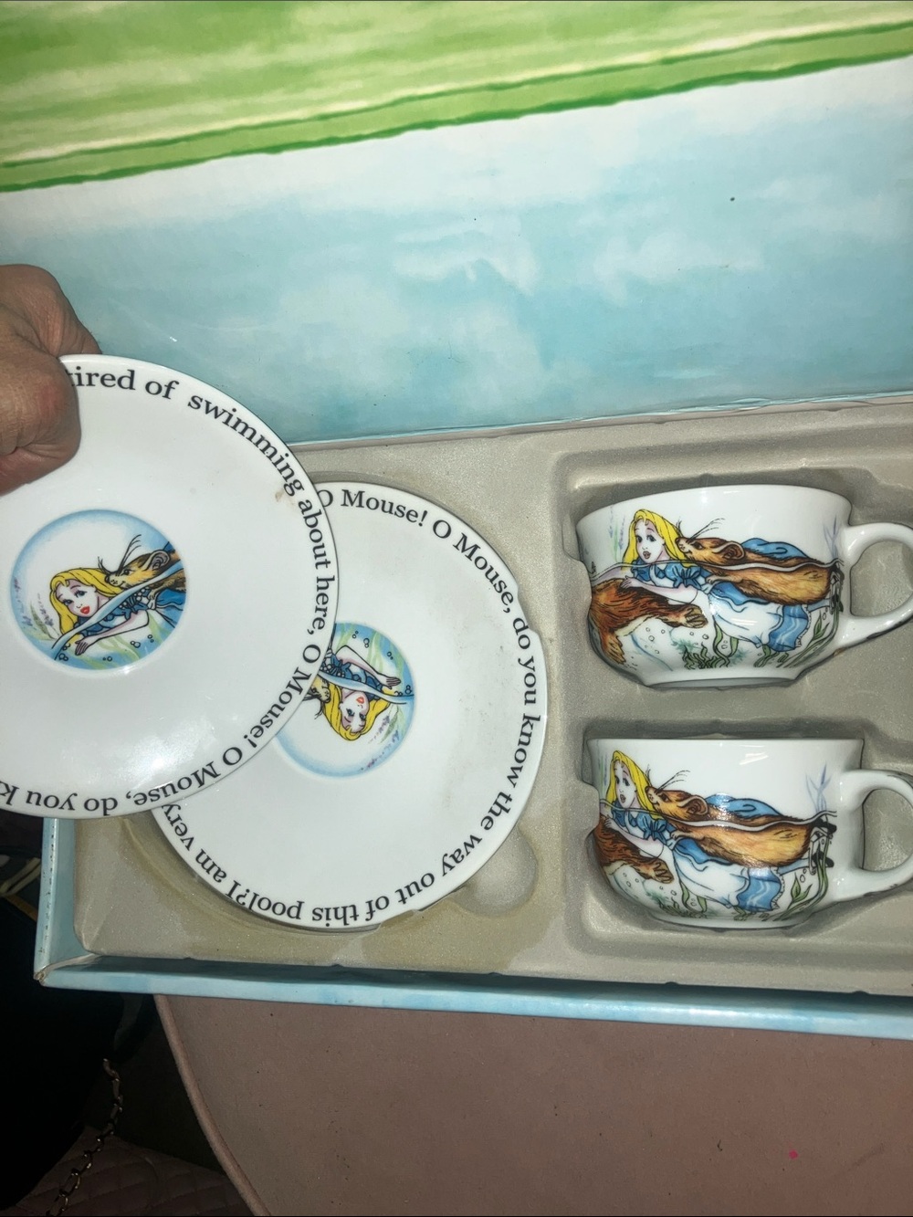 Royal Albert Alice Illustrated Tea Cup and Saucer Set in White, Blue and Gold